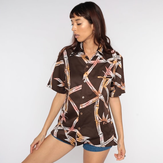 70s Button Up Shirt Brown Abstract Bamboo Floral Print Shirt Pointed Collar Hippie Boho 1970s Disco Top Vintage Collared Short Sleeve Small