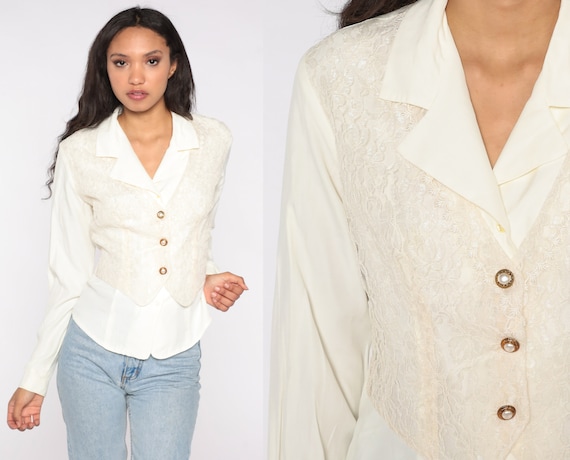 90s Off-White Blouse Attached Button Up Vest Lace Floral Shirt Victorian Long Sleeve Top Twofer Boho 1990s Romantic Vintage 2fer Medium M