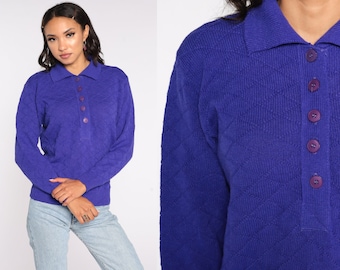 Purple Sweater Pullover Sweater 80s Knit Polo Sweater Textured Collared Slouchy Pullover Button Up 1980s Vintage Retro Small S