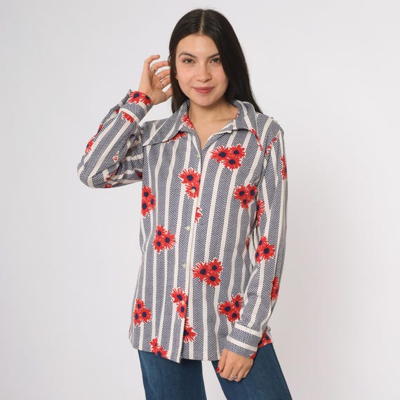 Floral Striped Shirt Red Navy White Dots 70s Vintage Long Sleeve Button Down Daisy Flowers Patriotic Preppy Large L 13/14