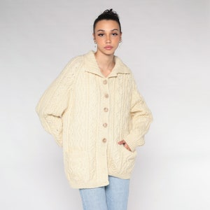 Cable Knit Cardigan 70s 80s Cream Wool Button Up Fisherman Sweater Retro Chunky Bohemian Grandpa Cableknit Pockets Vintage 1980s Large L image 4