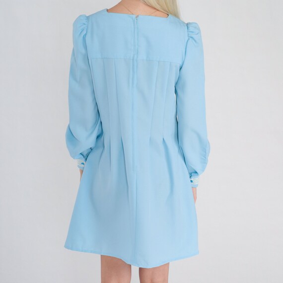 Blue Mini Dress 70s Puff Sleeve Pleated Dress Lac… - image 8
