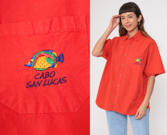 Cabo San Lucas Shirt 90s Orange Fish Embroidery Button Up Short Sleeve Cotton Peer Top Tropical Mexico Resort Wear Vintage Summer Medium M
