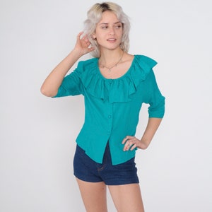 Teal Ruffle Blouse 80s Button up Shirt Ruffled Top 3/4 Boho Hippie Bohemian Ruffled Bib Peasant Green Blue Darling Vintage 1980s Medium M