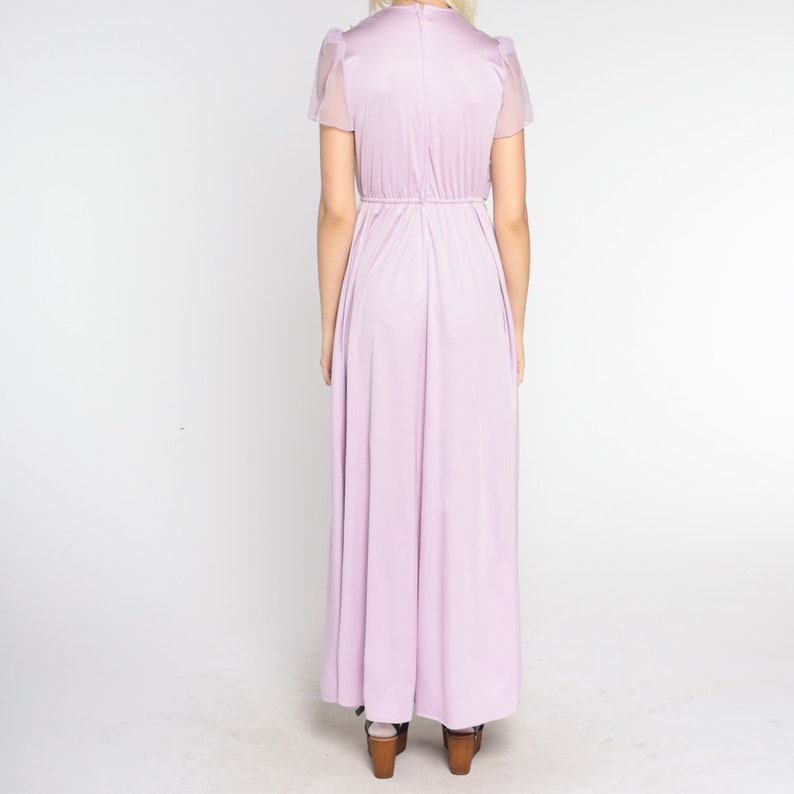 Lavender Party Dress 70s Maxi Dress Asymmetrical Chiffon Ruffle Sheer Puff Sleeve High Waisted Formal Pastel Purple Gown Vintage 1970s Small image 7