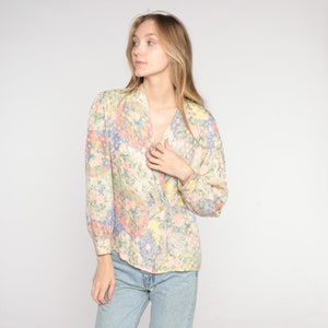 Floral Silk Blouse 80s Boho Shirt V Neck Wrap Top Double Breasted Button Up Long Sleeve Romantic Hippie Pastel Vintage 1980s Small S 6 image 5