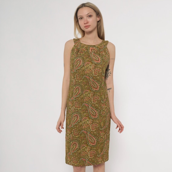 60s Paisley Dress Mod Gogo Olive Green Rust Coral Yellow Psychedelic Sleeveless Shift Keyhole Knee Length Vintage Earth Tone Swirl Medium M