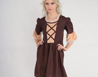 Cottagecore Dress Y2K Corset Dress Brown Mini Dress Puff Sleeve Lace Trim Retro Prairie Lolita Cotton Minidress Vintage 00s Extra Small xs