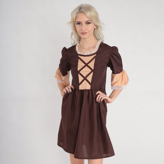 Cottagecore Dress Y2K Corset Dress Brown Mini Dress Puff Sleeve Lace Trim Retro Prairie Lolita Cotton Minidress Vintage 00s Extra Small xs