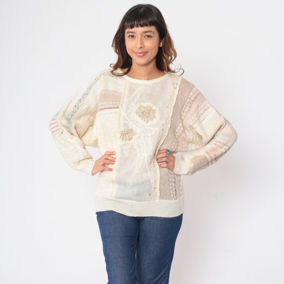 Beaded Floral Sweater 90s Mixed Media Pullover Knit Sweater Fuzzy Chunky Boho Pearl Cotton Ramie Wool Blend Vintage 1990s Mariea Kim Medium