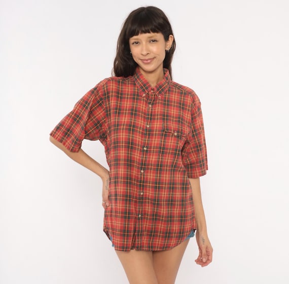 Distressed 90s Plaid Flannel Shirt Red Button Down Cotton Short Sleeve Checkered Tartan Pocket Top Grunge Summer Vintage Blouse Small S