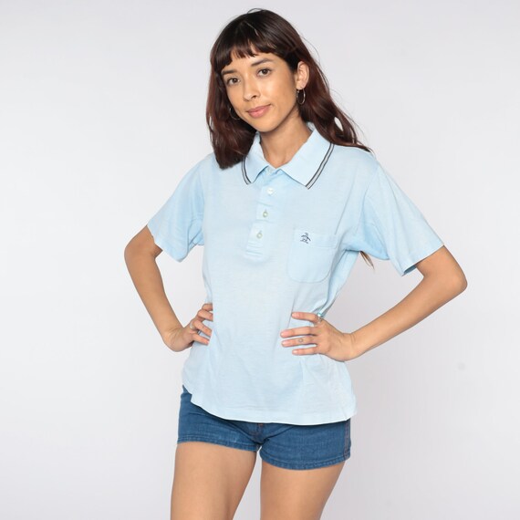 80s Munsingwear Polo Shirt Thin Baby Blue Polo Shirt Half Button Up Tshirt 1980s Retro Vintage Tee Penguin Grand Slam Medium