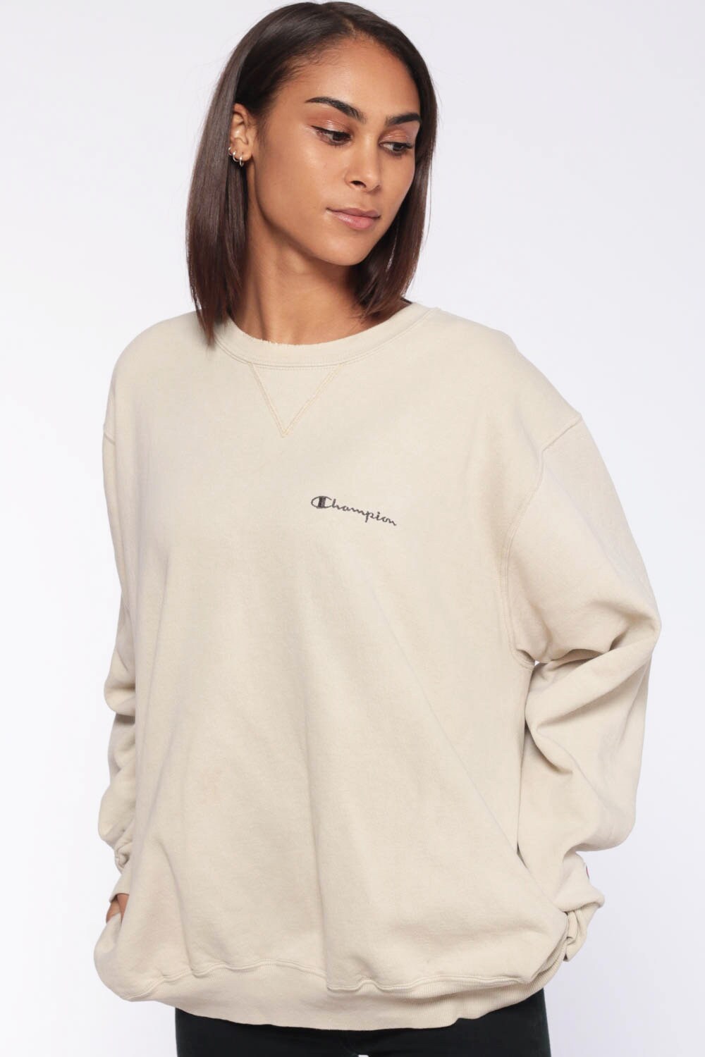 Beige Champion Sweatshirt Crewneck Pullover Sports Jumper 90s Streetwear Shirt Distressed Slouch 