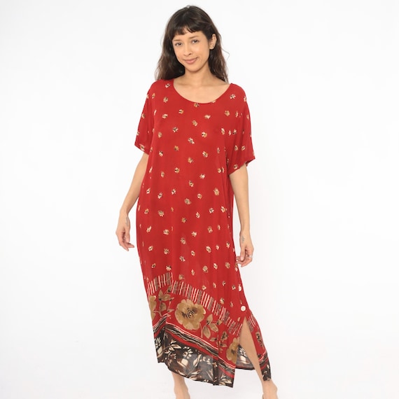 90s Red Floral Maxi Dress Button Side Slit Crimson Gold Border Prairie Bohemian Summer Sundress Grunge Hippie Alt Relaxed Fit Womens Large L