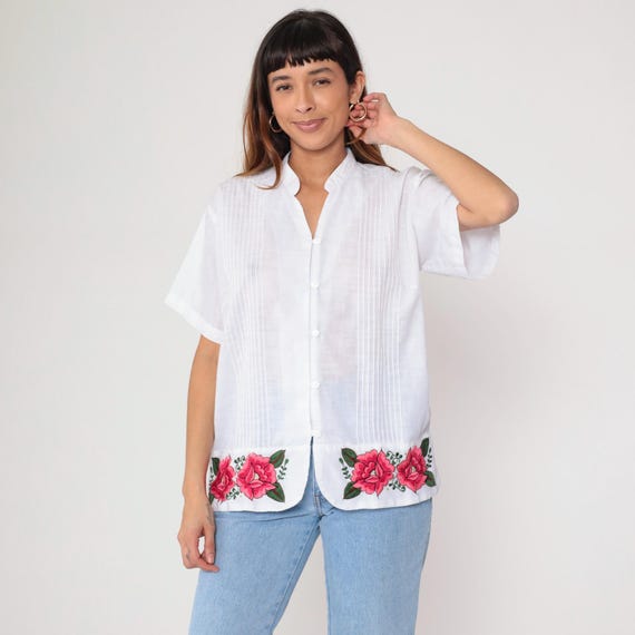 Embroidered Blouse 90s White Pink Rose Floral Button Down Short Sleeve Pleated Front Mexican Pintuck Mandarin Collar Hippie Vintage Large L