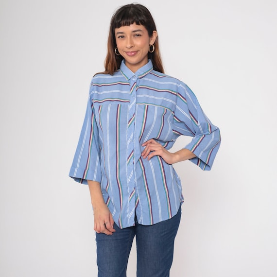 Blue Striped Shirt 80s Button Up Shirt Multicolored Shirt Vintage 3/4 Long Sleeve Blouse 1980s Casual Cotton Blend Medium Large