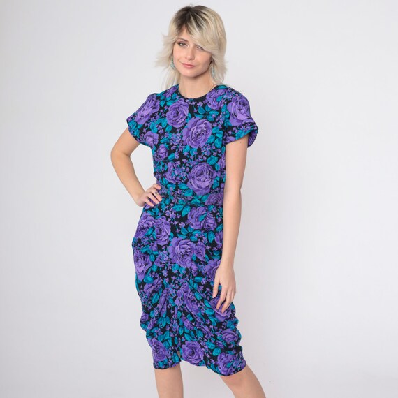 Floral Sheath Dress 80s 90s Purple Blue Rose Print Pencil Dress Knee Length Drape Short Sleeve Retro Party Vintage 1990s All That Jazz Small