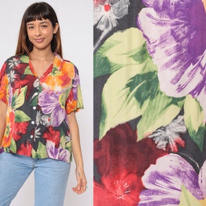 Watercolor Floral Blouse Y2K Silk Shirt Button up Top Boho Tropical Flower Print Short Sleeve Summer Bohemian Vintage 00s Extra Large xl