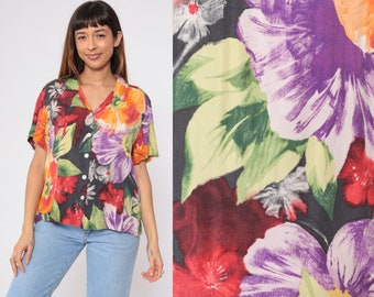 Aquarel bloemenblouse Y2K zijden shirt knop omhoog Top Boho tropische bloemenprint korte mouw zomer Boho Vintage 00s Extra groot xl