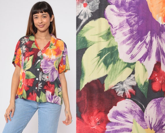 Watercolor Floral Blouse Y2K Silk Shirt Button up… - image 1