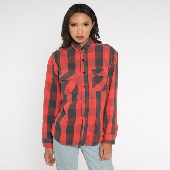 Buffalo Plaid Shirt 90s Flannel Shirt Red Checkered Button up Shirt Check Lumberjack Long Sleeve Grunge Cotton Vintage 1990s Mens Large L