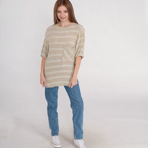 Striped Pocket Tee 90s Tan T-Shirt Basic TShirt Streetwear Crewneck Pocket Short Sleeve Top Neutral Tonal Minimal Rayon Vintage 1990s Small image 3