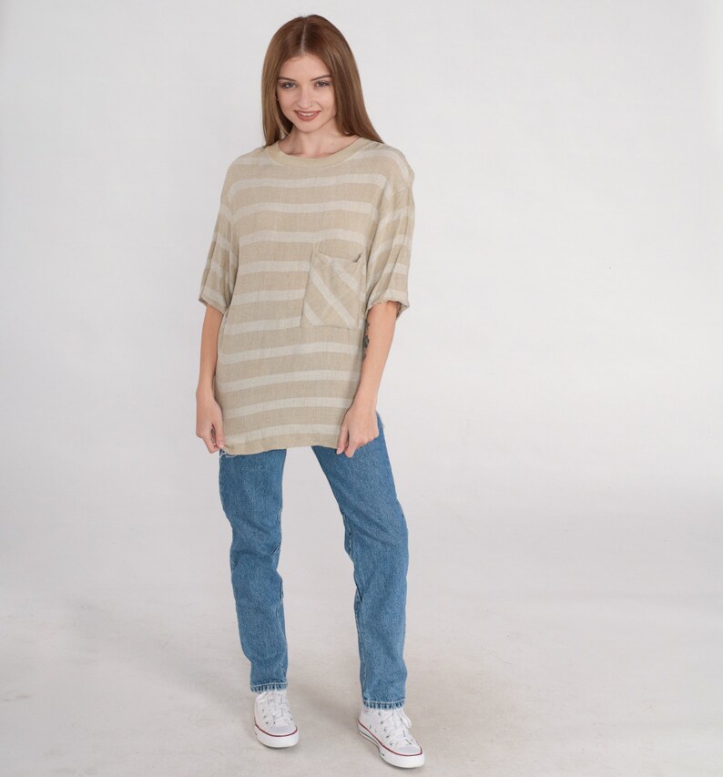 Striped Pocket Tee 90s Tan T-Shirt Basic TShirt Streetwear Crewneck Pocket Short Sleeve Top Neutral Tonal Minimal Rayon Vintage 1990s Small image 3