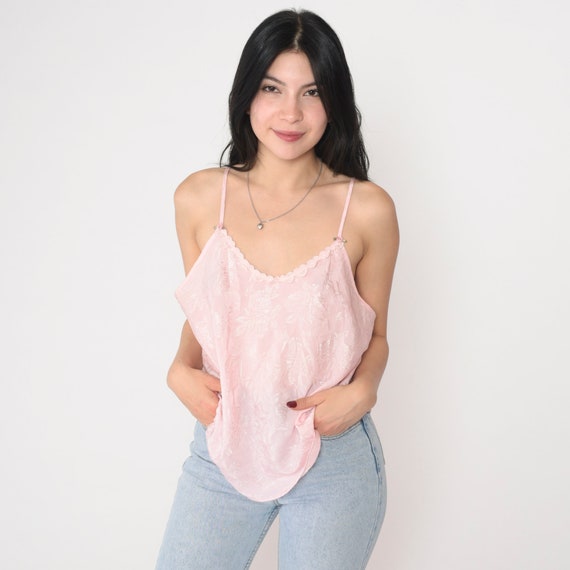 90s Cami Top Baby Pink Floral Camisole Lingerie Tank Heart Trim Rosette Spaghetti Strap Sleep Shirt Embossed Pastel Vintage 1990s Large L