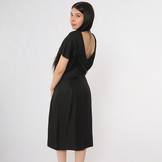 Cowl Neck Dress 60s Black Draped Neckline Open Back Midi A-Line Mod Minimalist Party Evening Sophisticated Elegant Cocktail Chic Large L 16