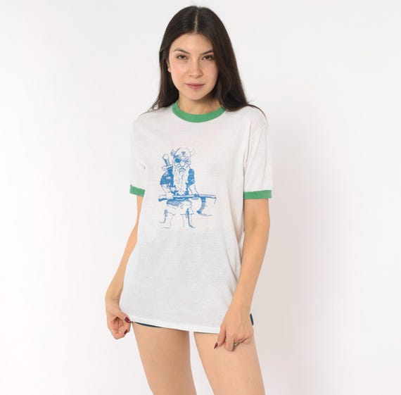 80s Viking Ringer Tee White Green Trim Graphic Print Short Sleeve Collegiate Sporty Vintage Camp School Shirt Sport-T Academic Medium M