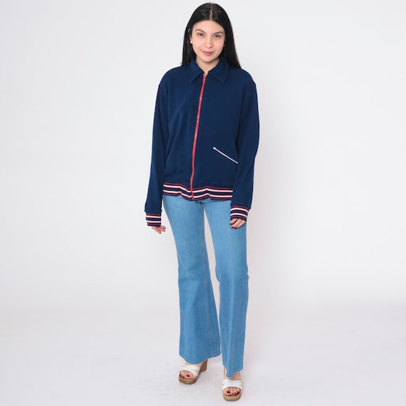 Navy Blue Track Jacket 80s Zip Up Sweatshirt Red White Striped Warmup Streetwear Retro Athletic Sporty Athleisure Vintage 1980s Large L