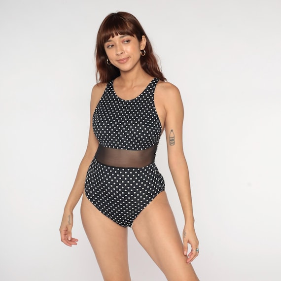 80s Polka Dot Swimsuit Jantzen One Piece Black White Mesh Panel High Neck Racerback Vintage Athletic Bathing Suit Pin Up Style Twelve 12
