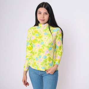 70s Bright Floral Blouse 60s Turtleneck Shirt Psychedelic Flower Power Top Boho Hippie Long Sleeve Turtle Neck Bohemian Vintage Mod Medium