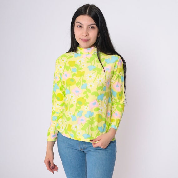 70s Bright Floral Blouse 60s Turtleneck Shirt Psychedelic Flower Power Top Boho Hippie Long Sleeve Turtle Neck Bohemian Vintage Mod Medium