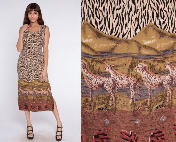 90s Safari Cheetah Dress Print Animal Midi Sleeveless Waist Landscape Border Scenic Vintage Maximalist Novelty Cream Brown Gold Medium M