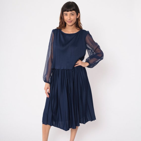 Navy Blue Dress 70s Pleated Midi Dress Long Sheer Chiffon Sleeve Secretary Dress Layered Retro Simple Party 1970s Vintage Large L