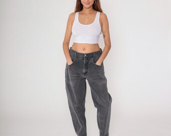 90s Guess Jeans Faded Black Denim Mom Jeans High Waisted Rise Tapered Straight Leg Pants Relaxed Boyfriend Jeans Vintage 1990s Medium 34 30