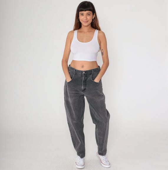 90s Guess Jeans Faded Black Denim Mom Jeans High Waisted Rise Tapered Straight Leg Pants Relaxed Boyfriend Jeans Vintage 1990s Medium 34 30