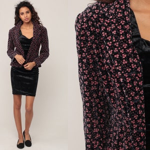 Velvet Blazer Jacket 80s Floral Jacket Boho Vintage 70s Hippie Bohemian Women Hipster Coat Black Pink Extra Small xs