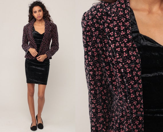 Velvet Blazer Jacket 80s Floral Jacket Boho Vintage 70s Hippie Bohemian Women Hipster Coat Black Pink Extra Small xs