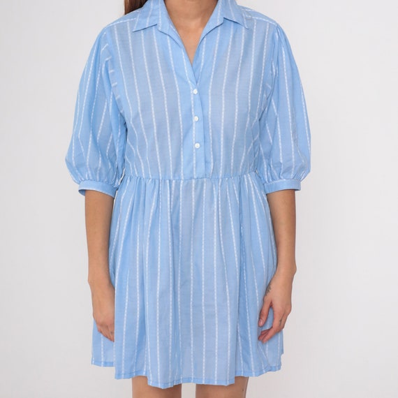 Striped Shirt Dress 80s Blue Balloon Sleeve Dress… - image 8