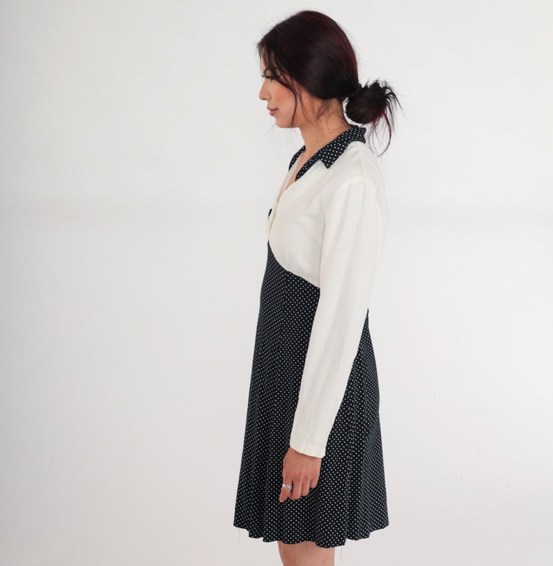 Polka Dot Mini Dress 90s Does 60s Mod Babydoll Dress Black White Long
