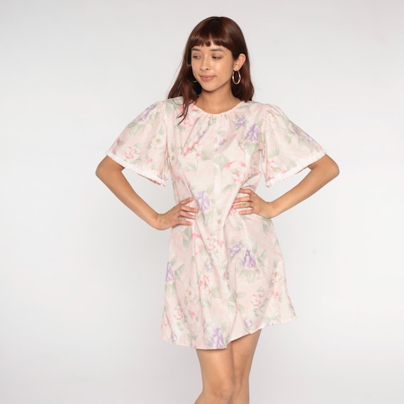 80s Pastel Floral Dress Pink Purple Green Puff Sleeve Mini Cottagecore Fairycore Prairie Romantic Vintage Summer Spring Coquette Medium M