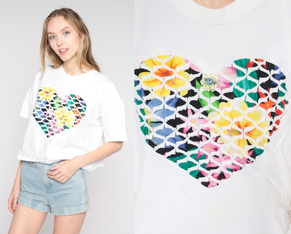 Floral Heart T Shirt White Single Stitch Rosette Shirt Bright Retro TShirt Vintage T Shirt 90s Tee Graphic Print 1990s Textured Large L