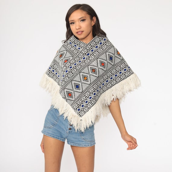 Embroidered Poncho Aztec MEXICAN Shawl FRINGE Cap… - image 3