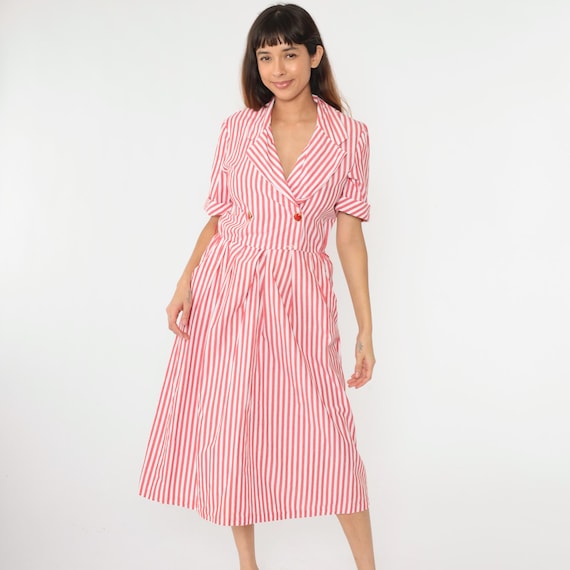 Vintage Red Striped Dress Double Breasted 80s 90s Button Up Dress Midi Secretary Shirtdress High Waist Short Sleeve Dress Small Medium