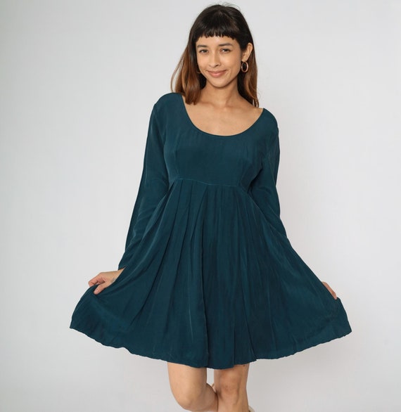 90s Babydoll Dress Dark Teal Mini Dress Scoop Neck Dress Grunge Pleated Empire Waist Long Sleeve Plain Vintage 1990s Rampage Dress Medium 9