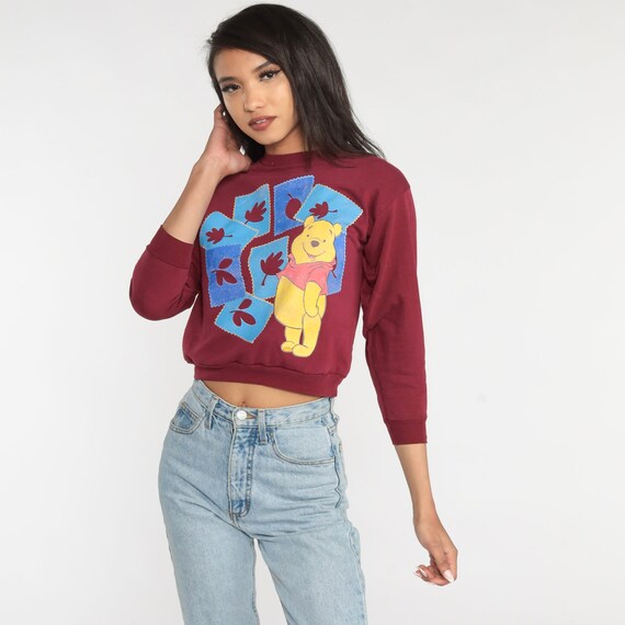 Winnie The Pooh Sweatshirt Y2K Burgundy Autumn Leaves Sweatshirt Walt Disney Sweater Graphic Cartoon Crewneck Vintage 00s Extra Small xs