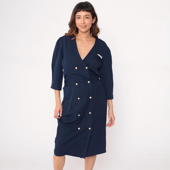 90s Business Dress Double Breasted Button Front V Neck Gold Buttons Professional Vintage Office Dark Academia Preppy Corporate Medium M