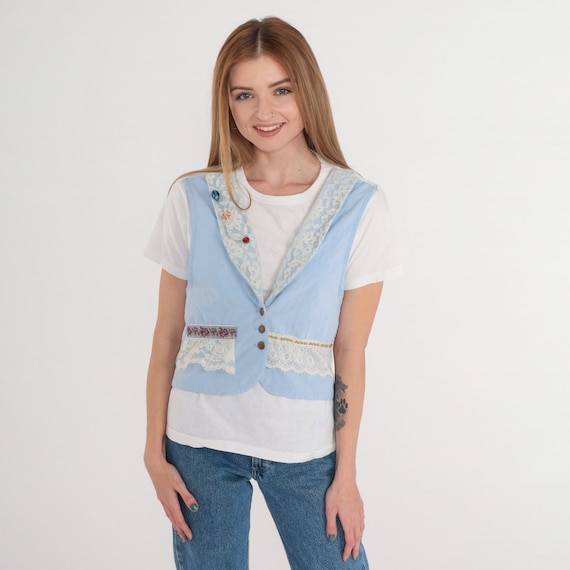 Attached Vest Top 90s Baby Blue Lace Trim Tshirt Button up Vest White Shirt Pearl Beaded Rosette Flower Ribbon Tee Vintage 1990s Small S